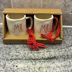 Rae Dunn Mr. and Mrs. Festive Christmas ornaments with Red Ribbon. NWT